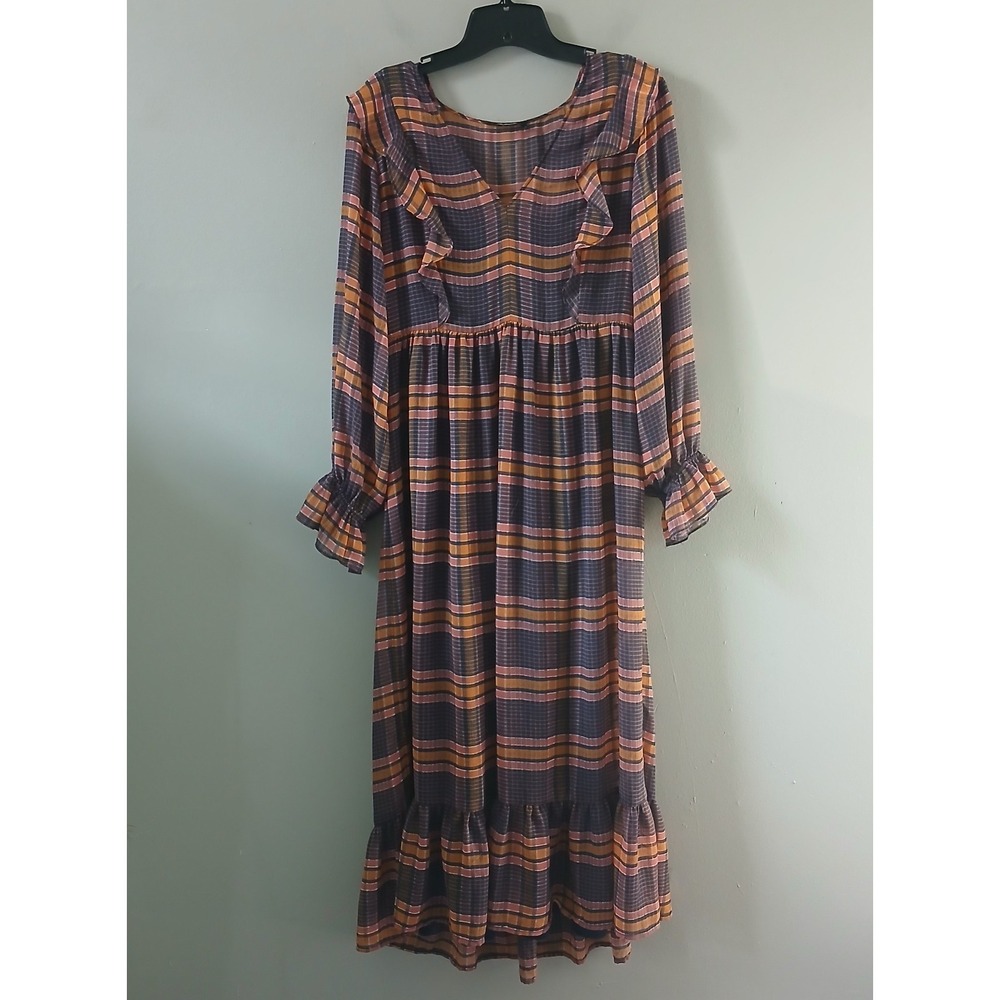 Madewell Women's Size Small Sheer‎ Dress Plaid Long Sleeve Ruffel Hem Lined